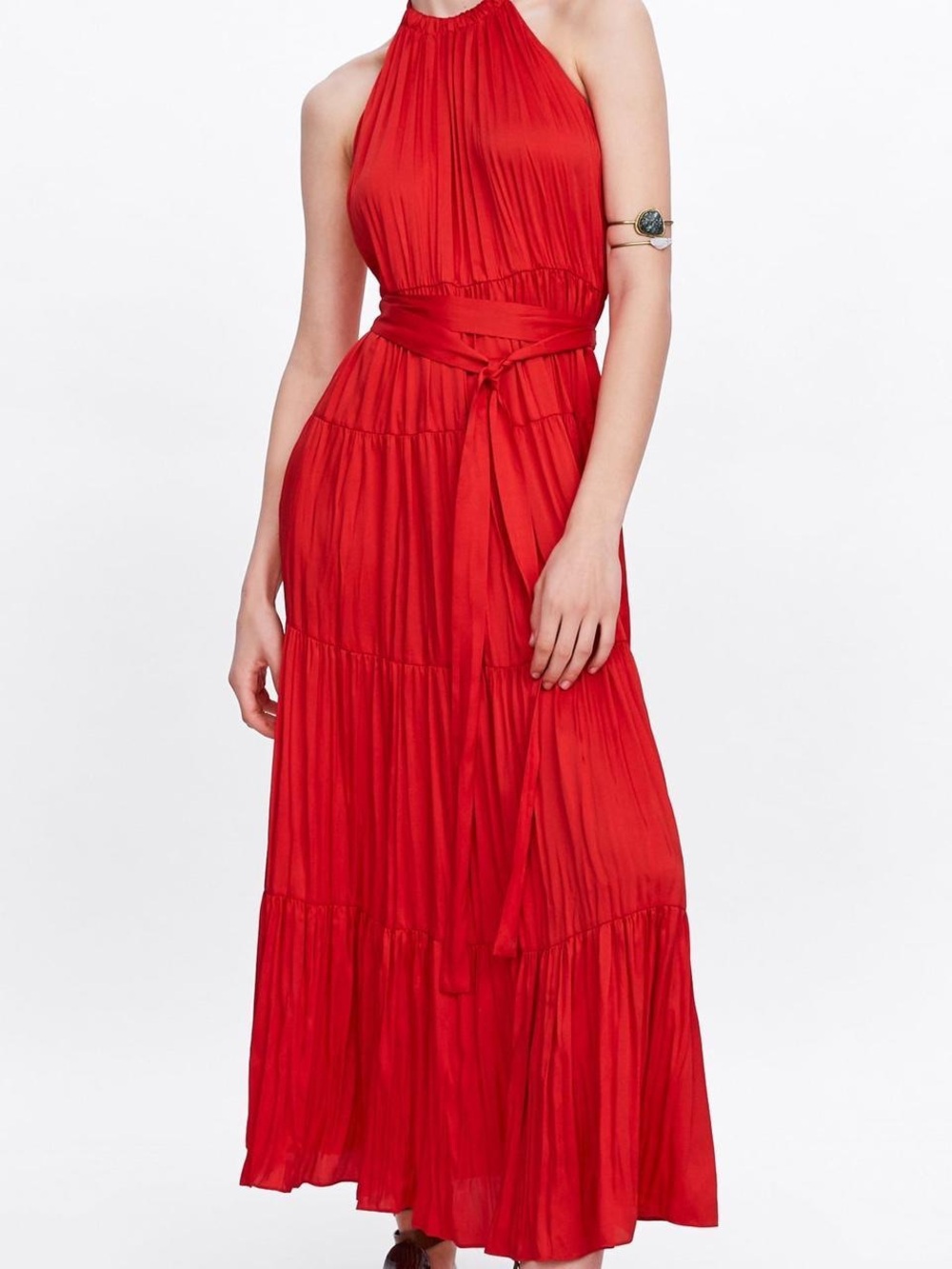 Zara Tiered Maxi Halter Dress in Red - Size M